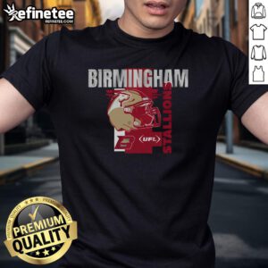 Official Birmingham Stallions Helmet Frame T-Shirt featuring a bold design and team logo for fans and collectors.