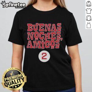 Official Buenas Noches Amigos Guerin Austin Ladies Tee featuring vibrant design for fans of the show.