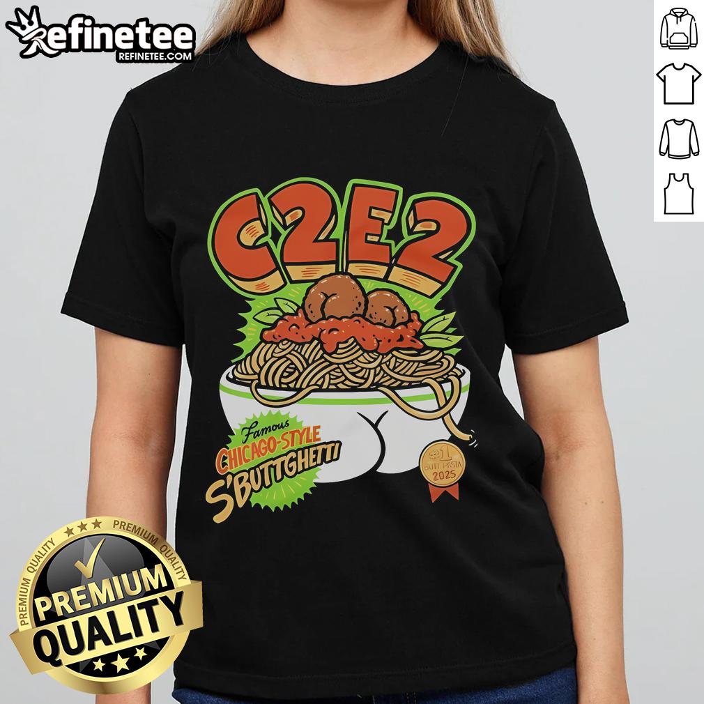 Official C2E2 X Famous Chicago Style Sbuttgetti ladies tee featuring unique pasta design for 2025 event.