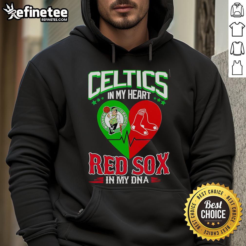 Official Celtics In My Heart Red Sox In My DNA Hoodie featuring vibrant team colors and logo, perfect for fans.