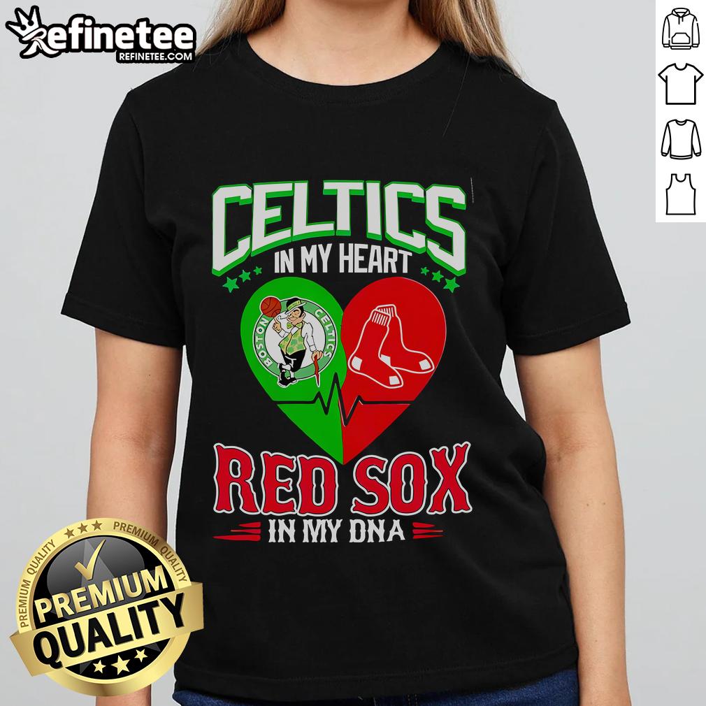 Official Celtics In My Heart Red Sox In My DNA Ladies Tee showcasing team spirit in stylish women's apparel.