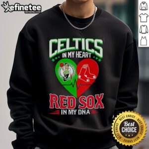 Official Celtics In My Heart Red Sox In My DNA sweatshirt featuring vibrant team logos and a cozy design for fans.