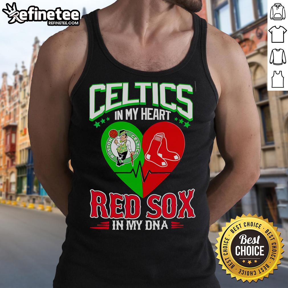 Official Celtics In My Heart Red Sox In My DNA tank top featuring a bold design for sports fans and Boston lovers.