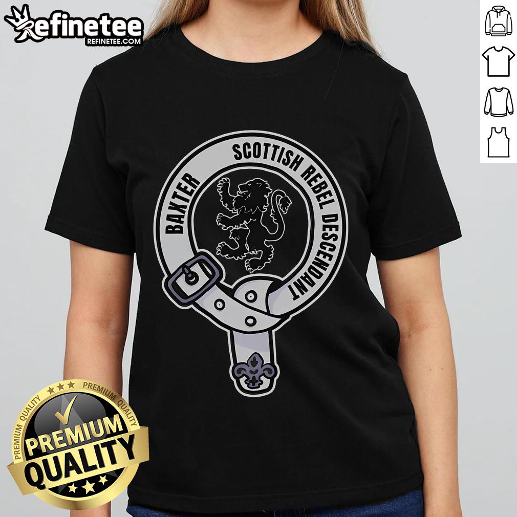 Alt Text: Official Clan Baxter Scottish Rebel Descendant Crest on a stylish ladies tee, perfect for heritage enthusiasts.