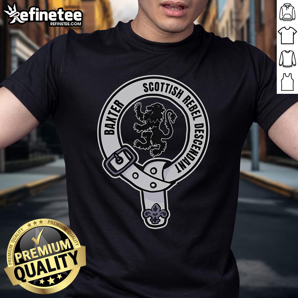 Official Clan Baxter Scottish Rebel Descendant Crest T-Shirt featuring a bold clan crest design on a stylish tee.
