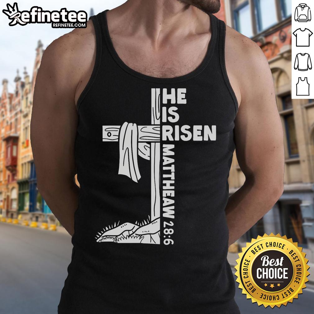 Official Cross He Is Risen Jesus Christian Matthew 28:6 tank top featuring a stylish design for faith-based fashion.