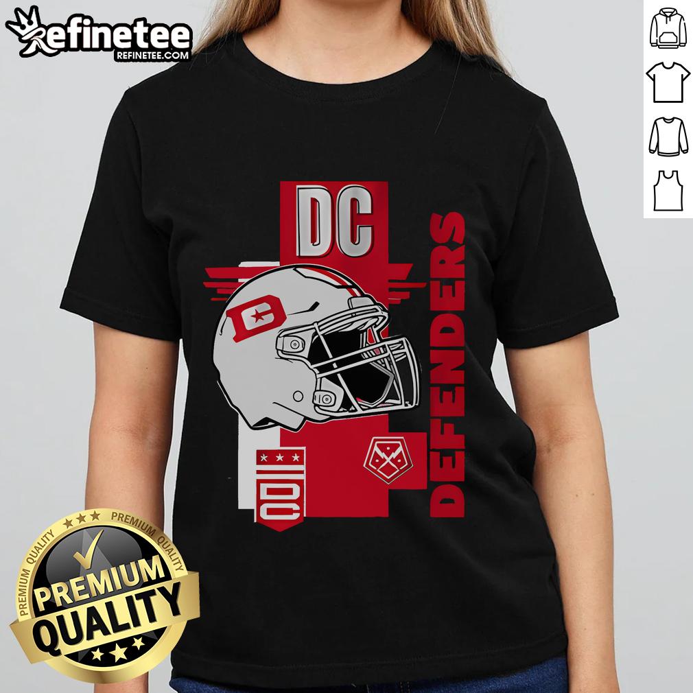 Official DC Defenders helmet frame ladies tee showcasing team spirit and style for female fans of the DC Defenders.