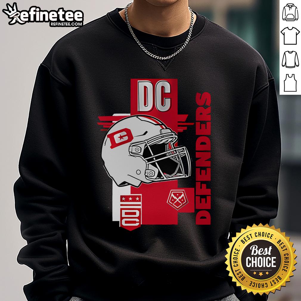 Official DC Defenders Helmet Frame Sweatshirt featuring team colors and logo, perfect for fans and game day wear.