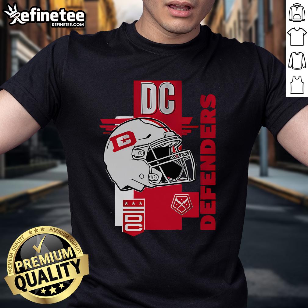 Official DC Defenders Helmet Frame T-Shirt featuring a bold graphic design and vibrant colors for fans and sports enthusiasts.