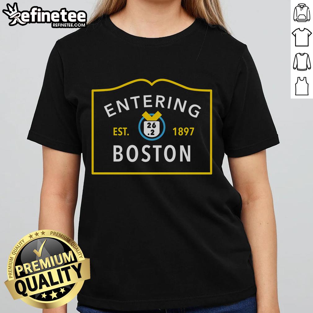 Official Boston Marathon route sign, established 1897, displayed on a ladies tee shirt design.