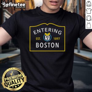Alt Text: Official Entering Boston Route of Marathon Sign Est 1897 T-Shirt featuring a vintage design celebrating the iconic race.