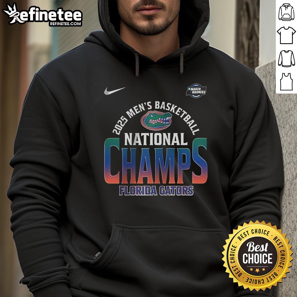 Official Florida Gators 2025 Men's Basketball National Champions hoodie in blue with team logo and championship details.