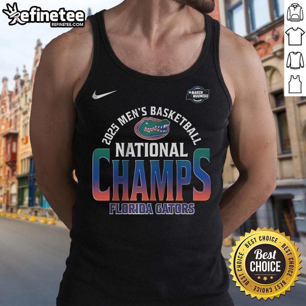 Official Florida Gators 2025 Men's Basketball National Champions tank top featuring team colors and logo.