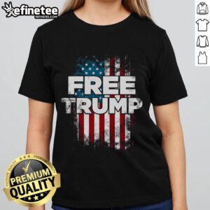 Official Free Trump America Flag Ladies Tee featuring bold patriotic design and vibrant colors for stylish support.