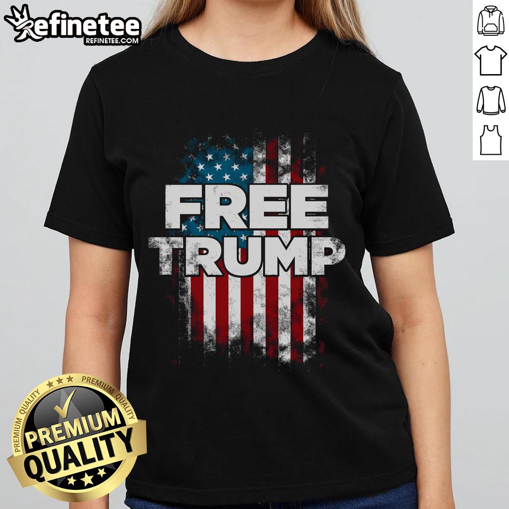 Official Free Trump America Flag Ladies Tee featuring bold patriotic design and vibrant colors for stylish support.