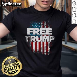 Alt Text: Official Free Trump America Flag T-Shirt featuring a bold American flag design and 'Free Trump' slogan.