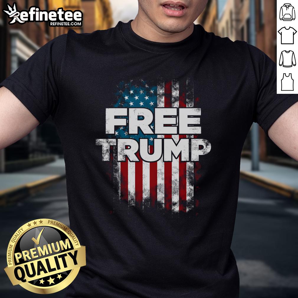 Alt Text: Official Free Trump America Flag T-Shirt featuring a bold American flag design and 'Free Trump' slogan.