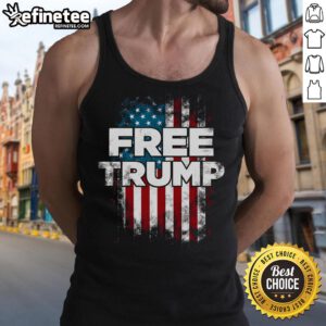 Alt Text: Official Free Trump America Flag Tank Top featuring patriotic design and bold colors for summer wear.