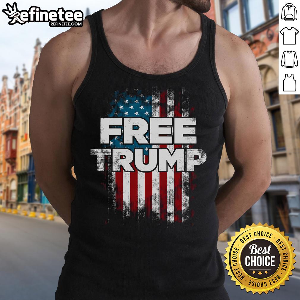 Alt Text: Official Free Trump America Flag Tank Top featuring patriotic design and bold colors for summer wear.