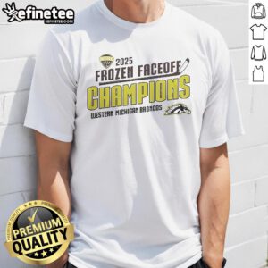Official Nike Western Michigan University Bronco Hockey 2025 Frozen Faceoff Champions T-Shirt featuring team logo and design.
