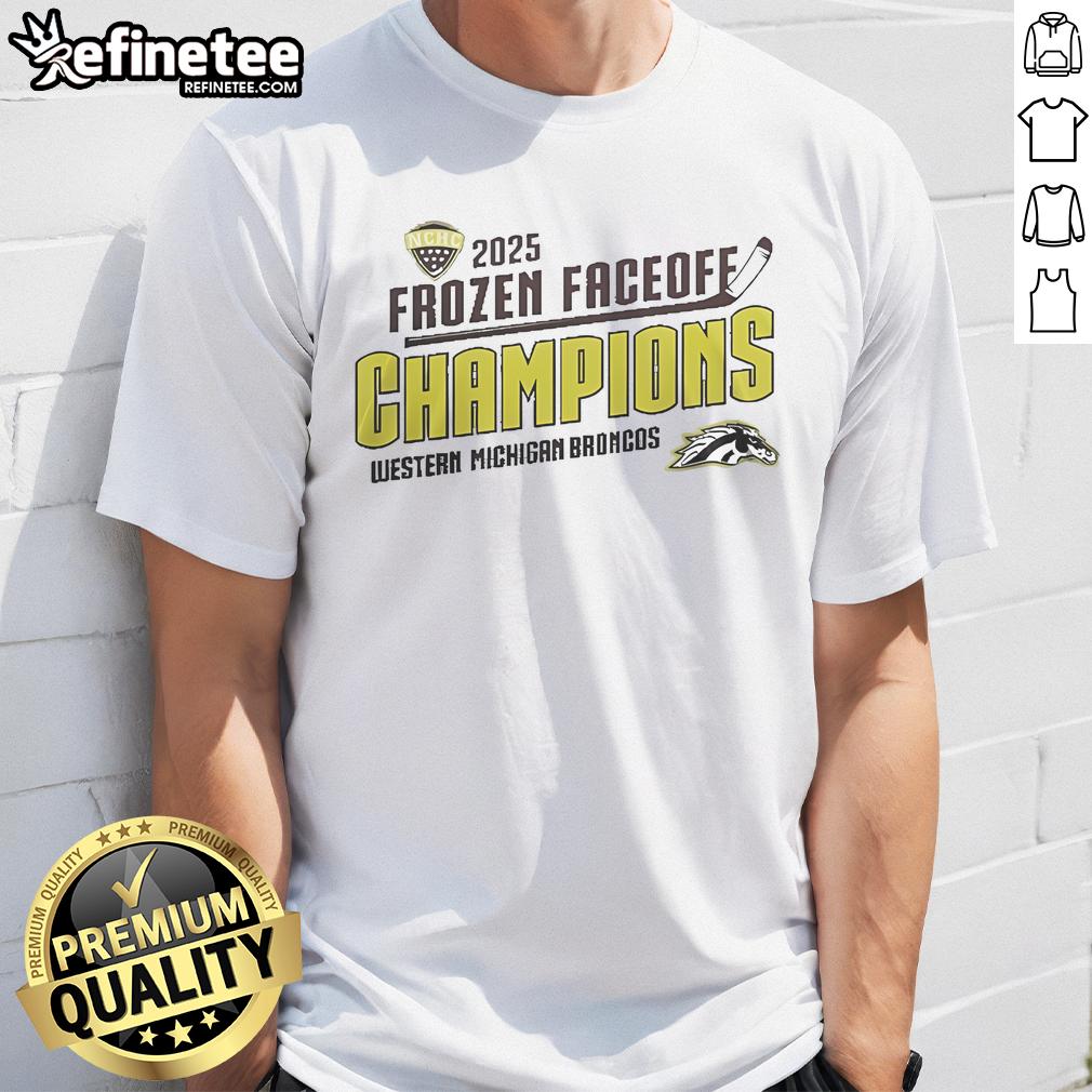 Official Nike Western Michigan University Bronco Hockey 2025 Frozen Faceoff Champions T-Shirt featuring team logo and design.