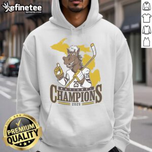 Official WM Western Michigan Broncos Men's Ice Hockey NCAA National Champions 2025 Mascot Hoodie displayed on a hanger.