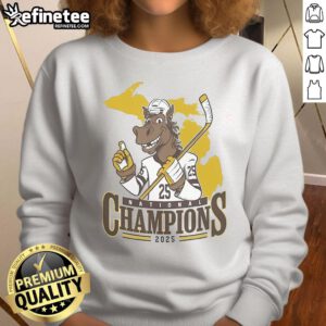 Official WM Western Michigan Broncos men's ice hockey NCAA National Champions 2025 mascot sweatshirt in team colors.