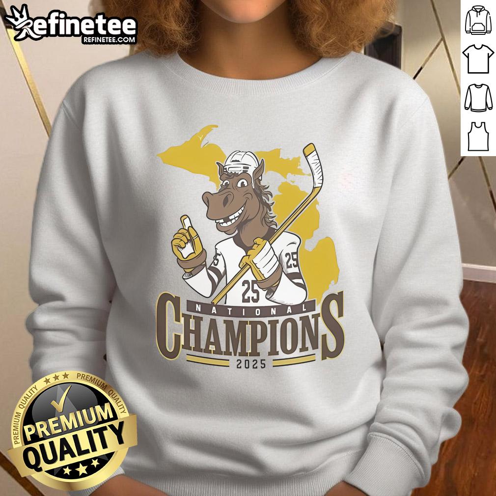 Official WM Western Michigan Broncos men's ice hockey NCAA National Champions 2025 mascot sweatshirt in team colors.