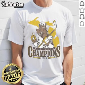 Official WM Western Michigan Broncos Men's Ice Hockey NCAA National Champions 2025 mascot t-shirt design showcased.