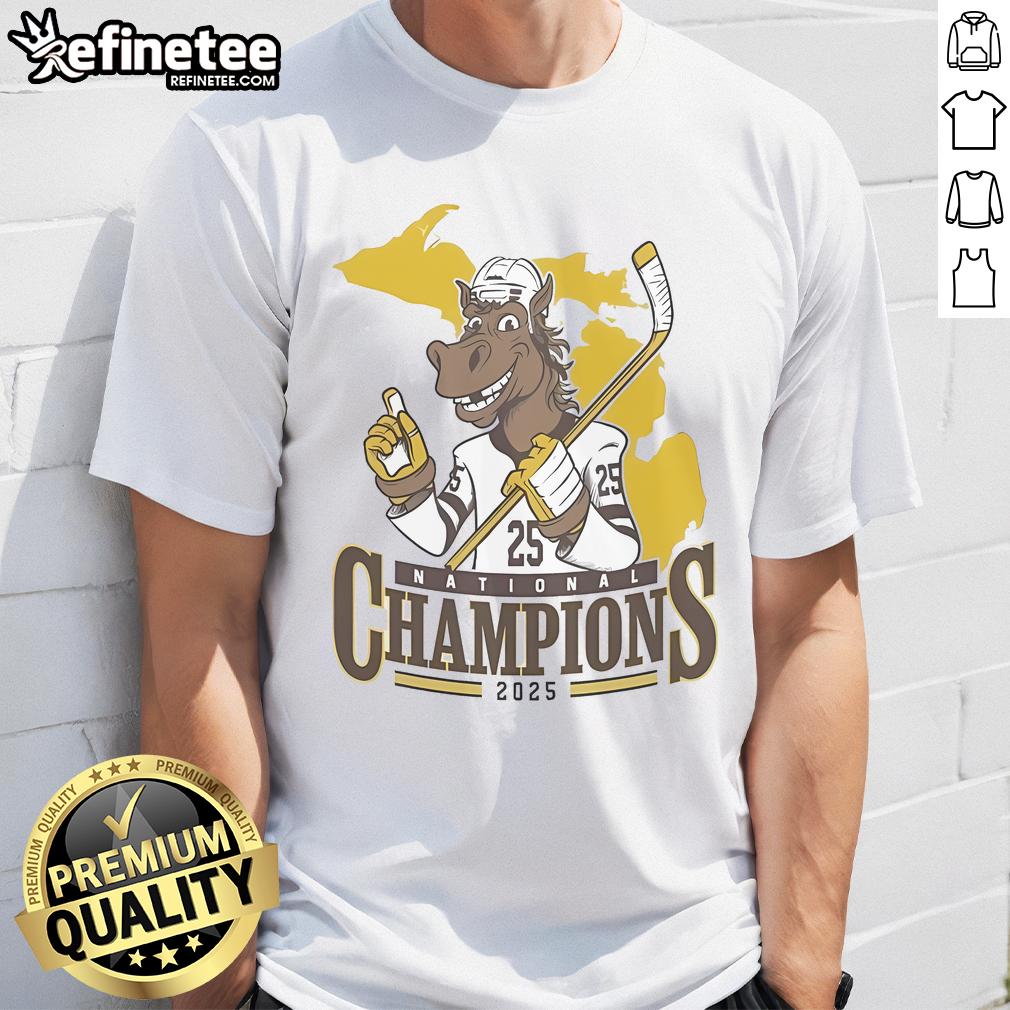 Official WM Western Michigan Broncos Men's Ice Hockey NCAA National Champions 2025 mascot t-shirt design showcased.