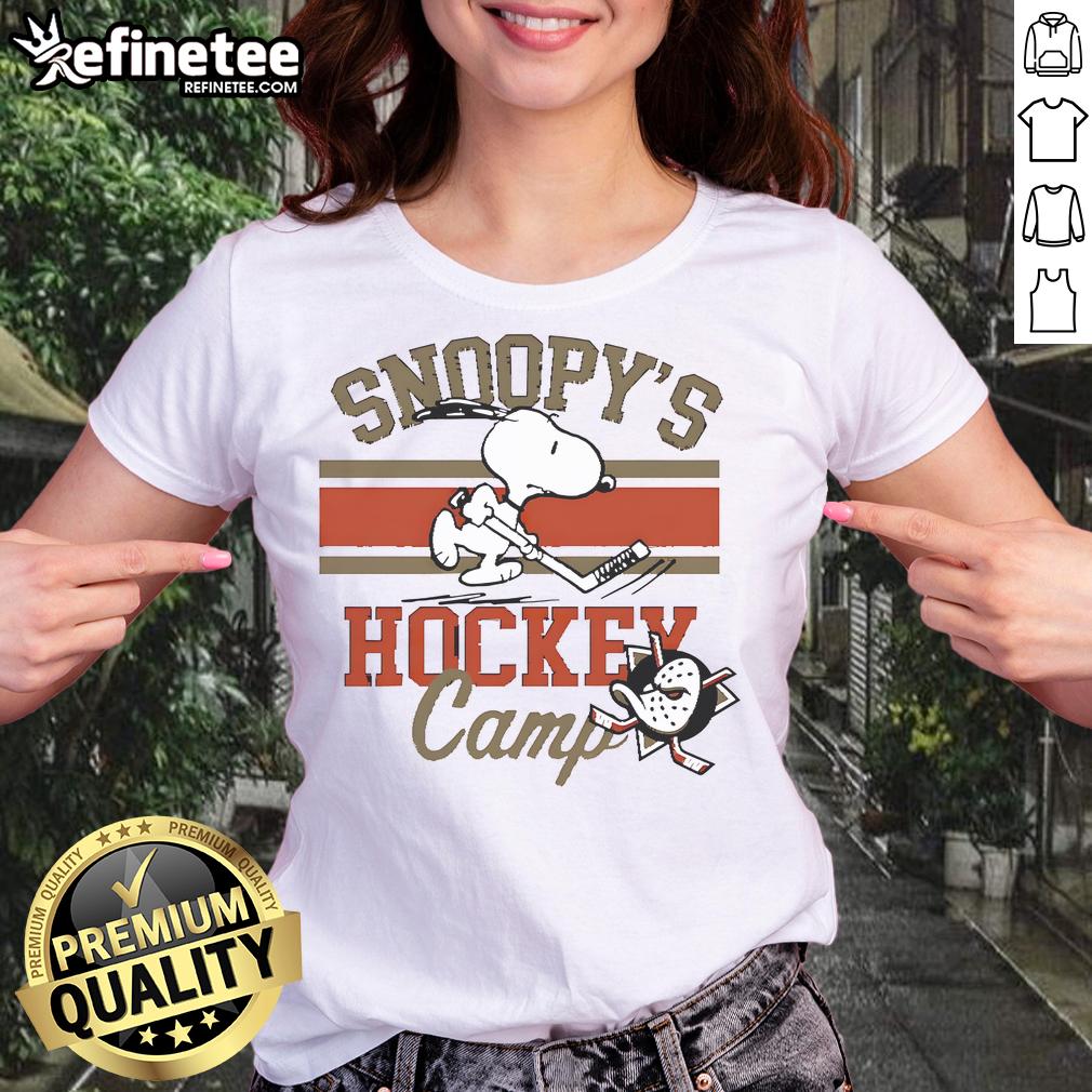Cute Snoopy Anaheim Ducks Snoopy's Camp ladies tee featuring a playful Snoopy design perfect for fans.