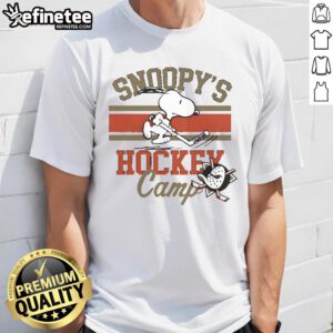 Alt Text: Cute Snoopy Anaheim Ducks Snoopy's Camp T-Shirt featuring Snoopy in a Ducks jersey, perfect for fans and collectors.