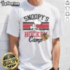 Alt Text: Cute Snoopy Chicago Blackhawks Camp T-Shirt featuring Snoopy in team colors, perfect for fans and casual wear.