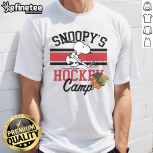 Alt Text: Cute Snoopy Chicago Blackhawks Camp T-Shirt featuring Snoopy in team colors, perfect for fans and casual wear.