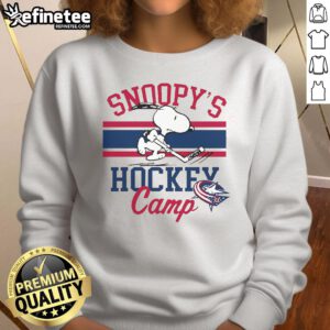 Cute Snoopy Columbus Blue Jackets Camp Sweatshirt featuring Snoopy in team colors, perfect for fans and cozy wear.