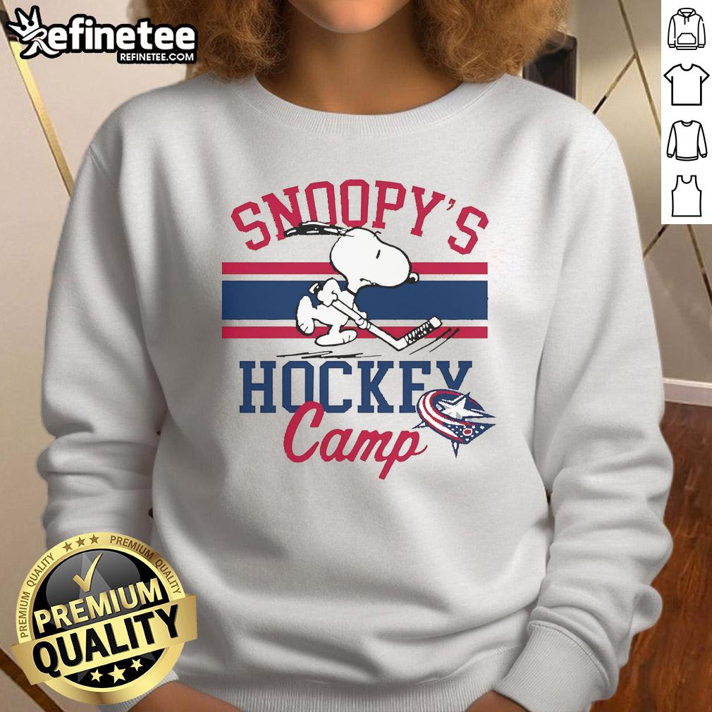 Cute Snoopy Columbus Blue Jackets Camp Sweatshirt featuring Snoopy in team colors, perfect for fans and cozy wear.