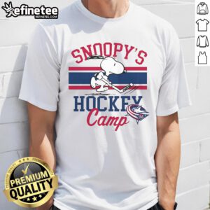 Alt Text: Cute Snoopy Columbus Blue Jackets T-shirt featuring Snoopy in team colors, perfect for fans and collectors.