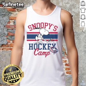 Alt Text: Cute Snoopy Columbus Blue Jackets tank top featuring Snoopy at camp, perfect for fans and summer wear.