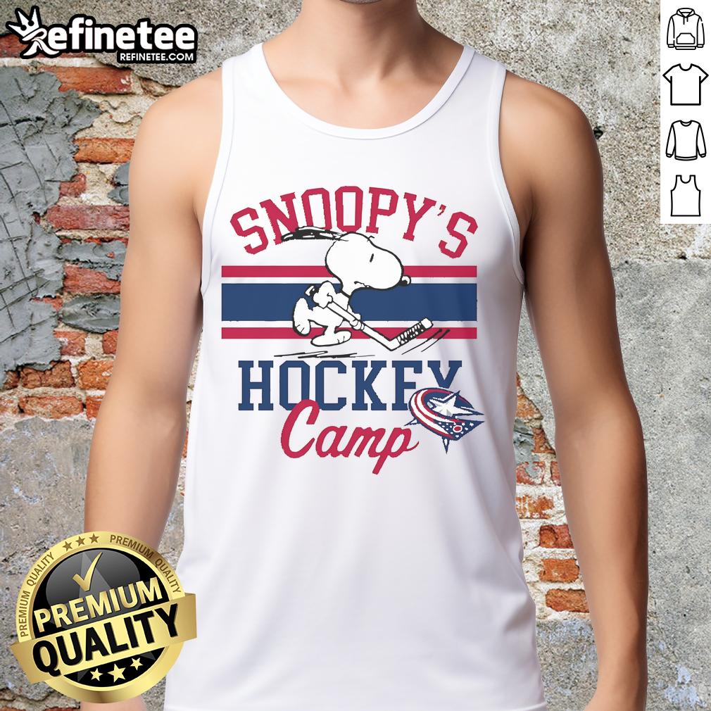 Alt Text: Cute Snoopy Columbus Blue Jackets tank top featuring Snoopy at camp, perfect for fans and summer wear.