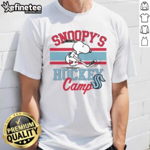 Alt Text: Cute Snoopy Seattle Kraken T-Shirt featuring Snoopy at Hockey Camp, celebrating NHL teams with a fun design.