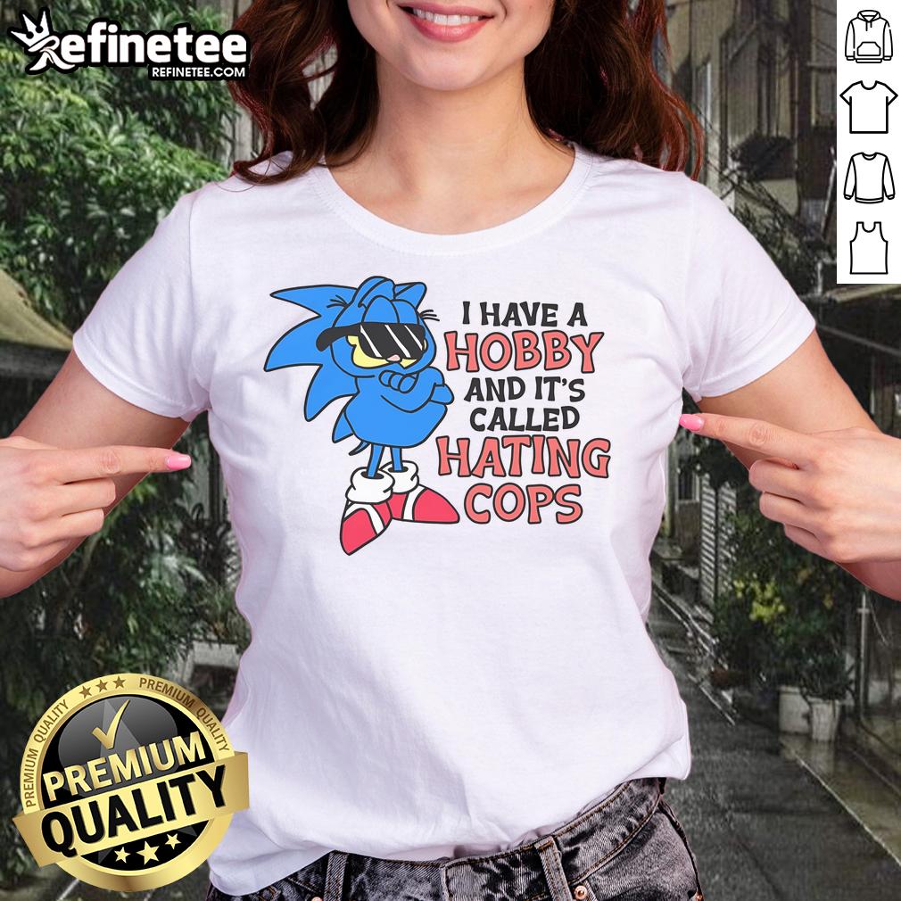 Funny 'I Have A Hobby Called Hating Cops' tee featuring Garfield and Sonic, perfect for casual wear and humor enthusiasts.