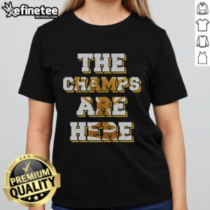 Alt Text: Funny USA Basketball Championship Ladies Tee featuring 'The Champs Are Here' design for sports fans.