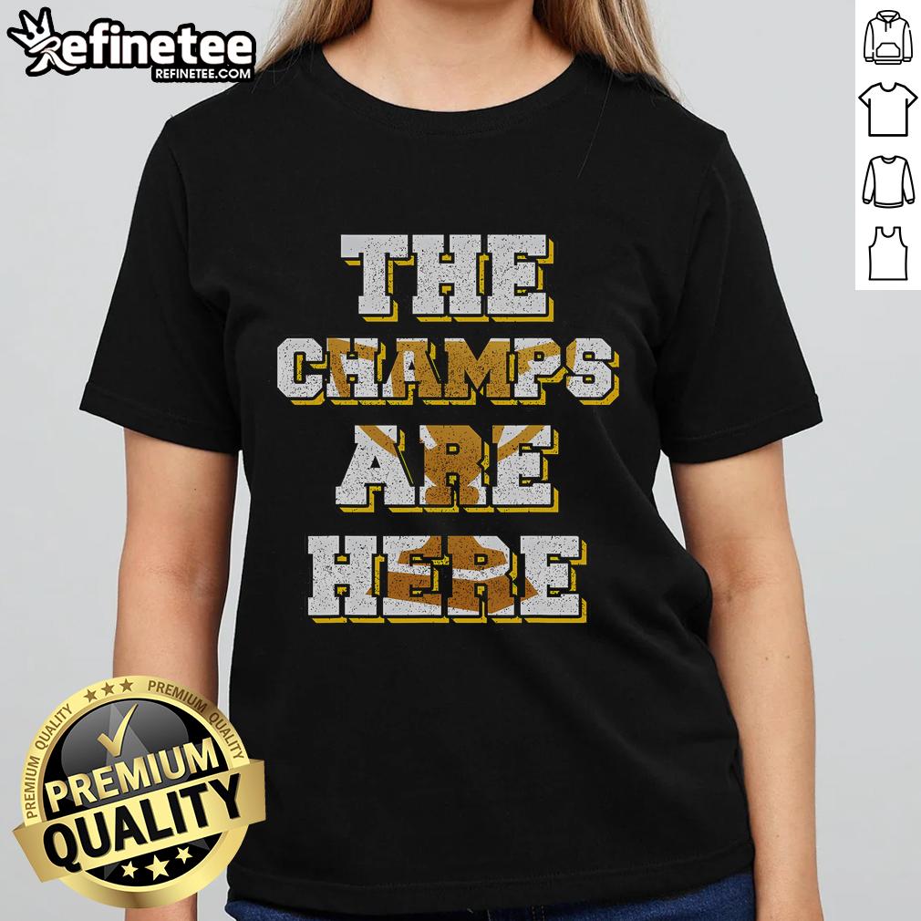 Alt Text: Funny USA Basketball Championship Ladies Tee featuring 'The Champs Are Here' design for sports fans.