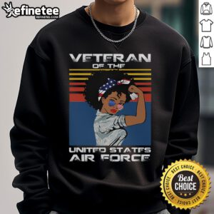 Female veteran of the United States Air Force wearing a USAF veteran sweatshirt, showcasing pride and service.