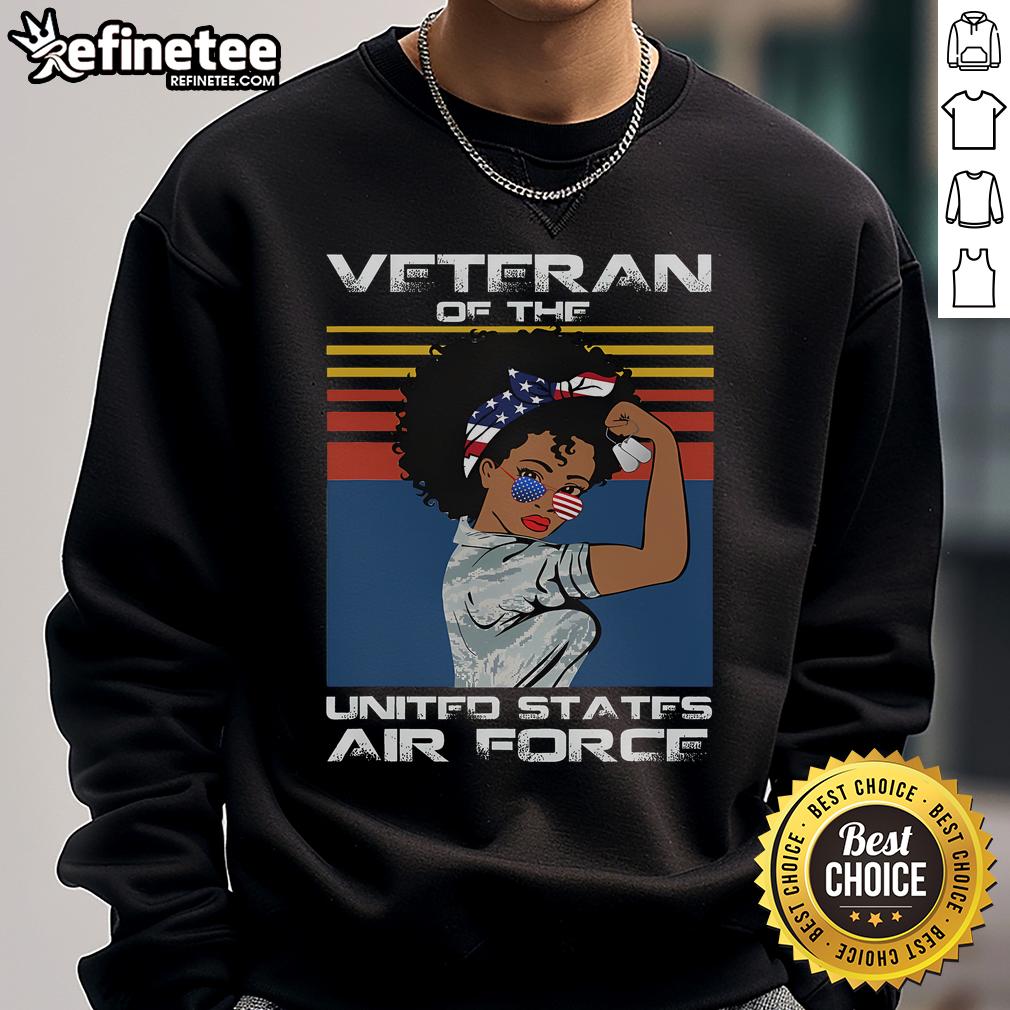 Female veteran of the United States Air Force wearing a USAF veteran sweatshirt, showcasing pride and service.