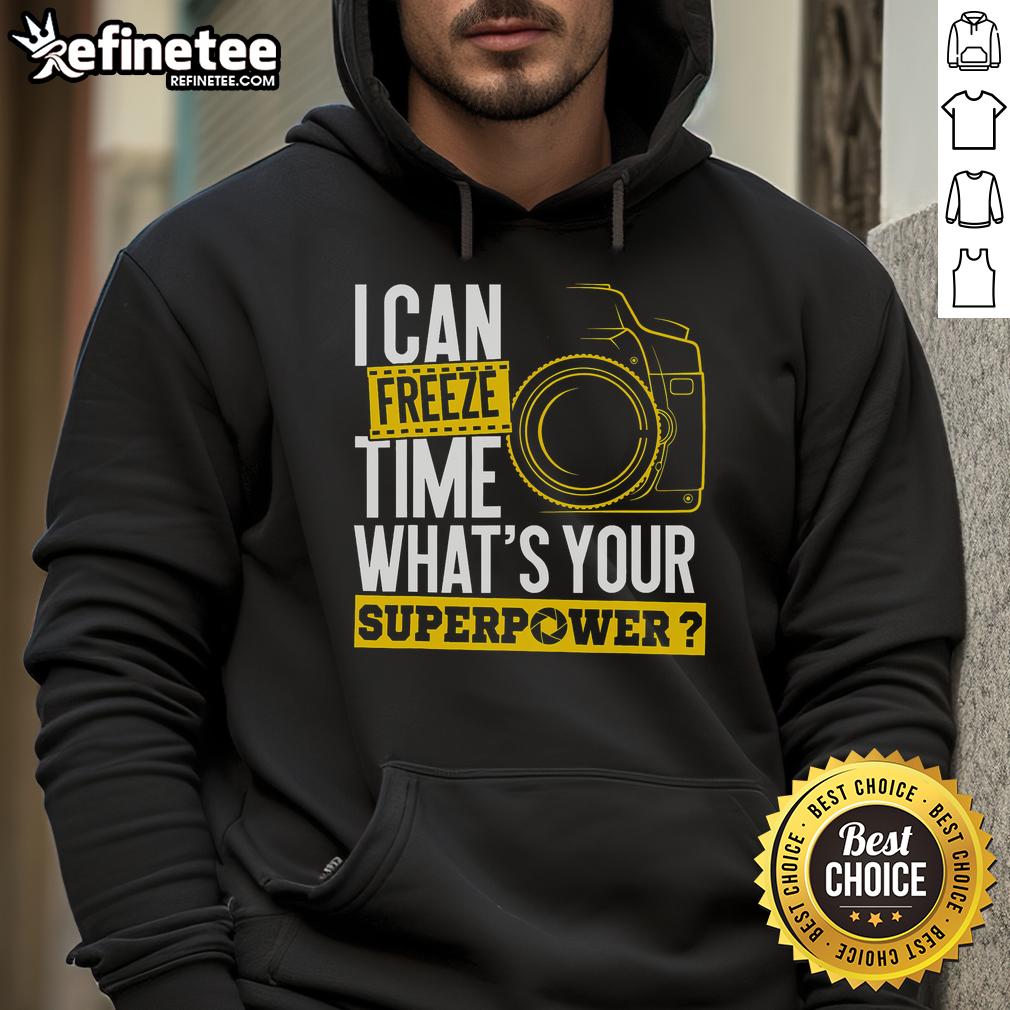 Person in a hoodie with a camera, captioned 'Good, I Can Freeze Time, What's Your Superpower?' showcasing photography skills.