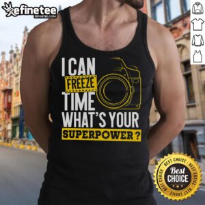 Model wearing 'Good I Can Freeze Time' tank top, showcasing photographer abilities and creativity outdoors.