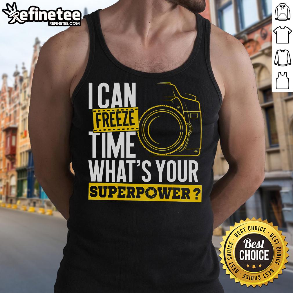 Model wearing 'Good I Can Freeze Time' tank top, showcasing photographer abilities and creativity outdoors.