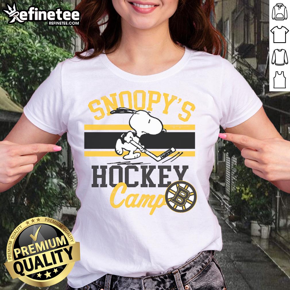 Good Snoopy Boston Bruins Camp Snoopy NHL ladies tee showcasing Snoopy in team colors for hockey fans.