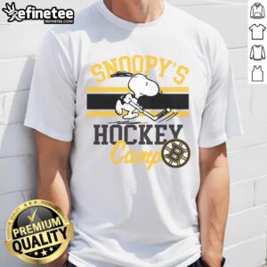 Good Snoopy Boston Bruins T-Shirt featuring Snoopy at Camp Snoopy, perfect for NHL fans and Bruins supporters.